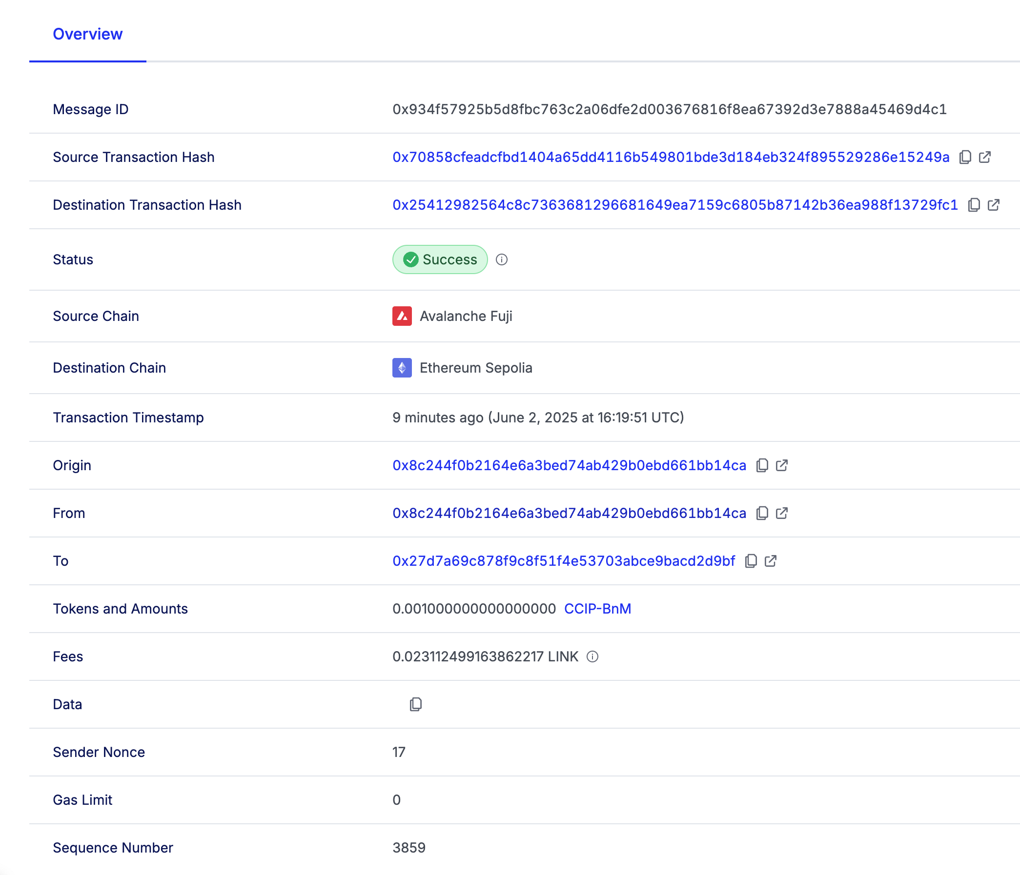 Chainlink CCIP Explorer transaction details